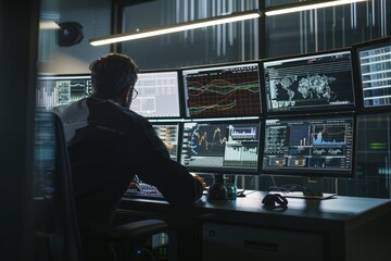 Professional analyzing complex data on multiple computer screens in a high-tech office.