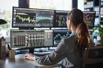 Professional analyzing complex data on multiple computer screens in a high-tech office.