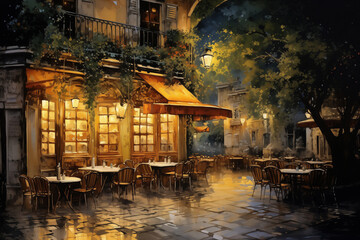 Cozy european cafe outdoor, Barcelona, night time, light, watercolor