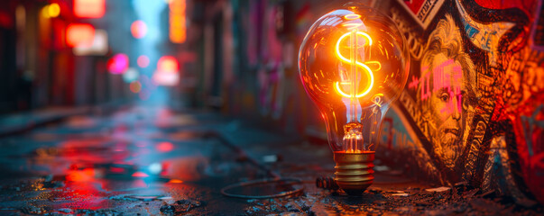 Illuminated light bulb with glowing dollar sign filament concept symbolizing bright financial ideas, innovation in business, and investment strategy against a blurred graffiti background - obrazy, fototapety, plakaty