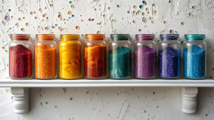 A row of glass jars on a white shelf