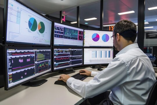 Professional analyzing complex data on multiple computer screens in a high-tech office.