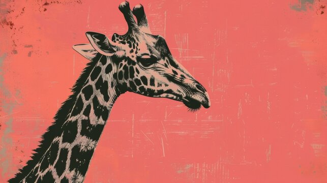 Artistic illustration of a giraffe head and neck on a textured red background