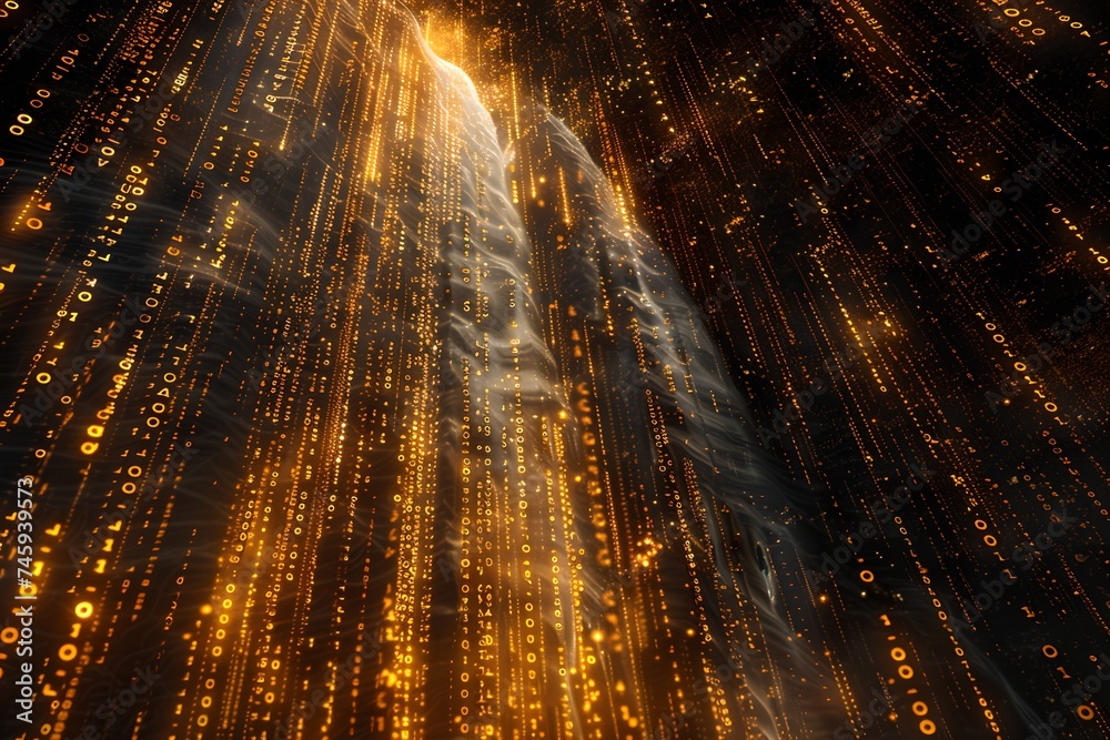 Poster orange digital code waterfall abstract background. global connection concept. big data, network visu