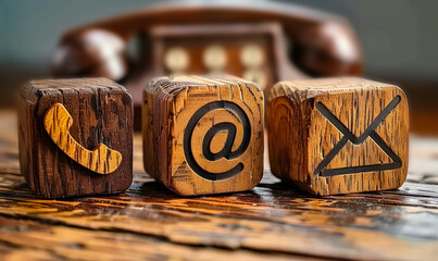 Contact communication icons engraved on wooden blocks featuring an email symbol, telephone receiver, and at sign on a rustic wooden table, representing customer service and digital connectivity