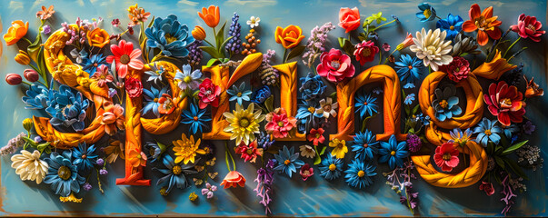 Colorful and vibrant floral typography design spelling Spring', filled with a variety of flowers, representing the fresh and blooming season of rejuvenation