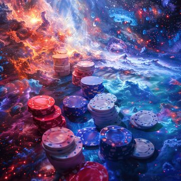 Eyes locked on the game where reality and dreams merge poker stakes rise amidst nebula clouds each chip a star in this mystery