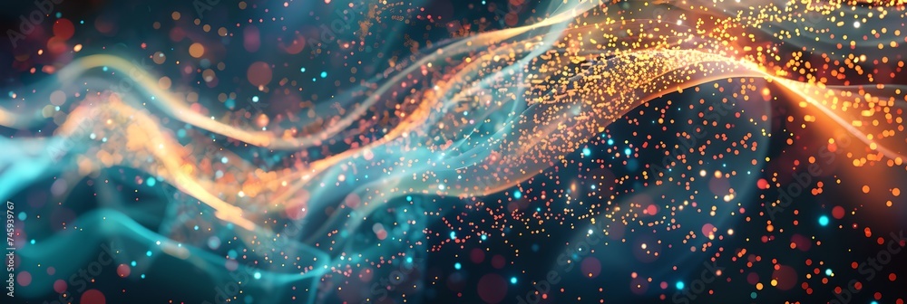 Poster abstract digital wave with golden particles. global connection concept. big data, network visualizat