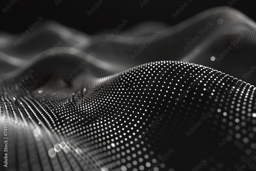 Poster abstract black and white wave pattern with particles. global connection concept. big data, network v