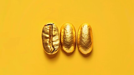 Three golden coffee beans on a yellow background, symbolizing luxury and high quality in coffee production - obrazy, fototapety, plakaty
