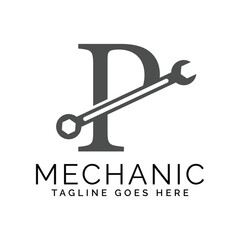 letter P logo with wrench. Alphabet P Spanner logo design