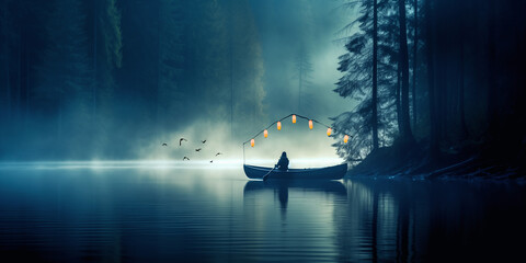 a boat with lamps on a river - 745940133