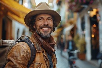 A stylish, travel-savvy man explores a quaint European street, evoking wanderlust and curiosity