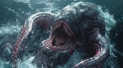 In a clash of titans the kraken and a cybernetic whale guided by AI battle fiercely shaking the ocean s core