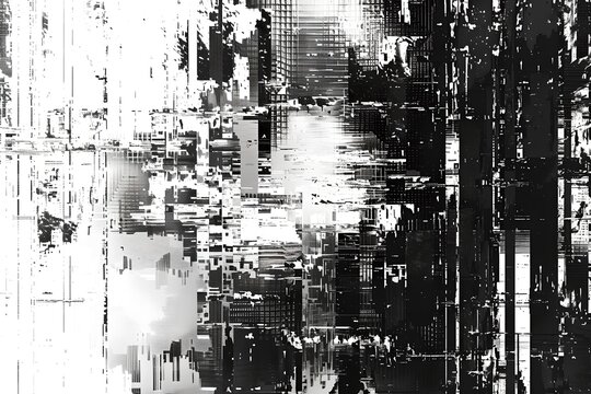 Black and white digital glitch abstract pattern. Global connection concept. Big data, network visualization, blockchain, web. Future digital technology. Ai and neural networks