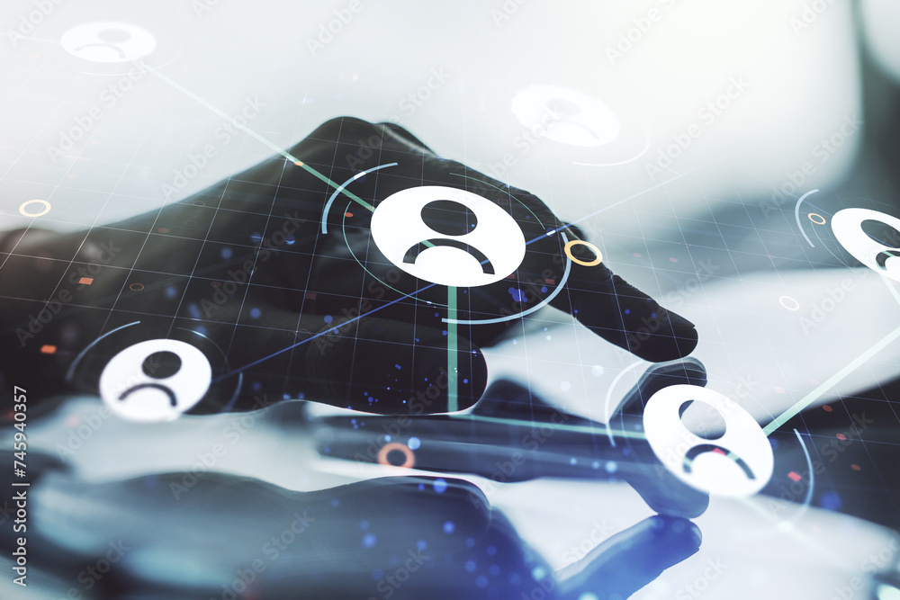 Poster double exposure of social network icons concept and hand working with a digital tablet on background