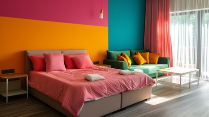 A modern bedroom with a large bed covered in pink bedding, a green sofa, and vibrant multicolored walls
