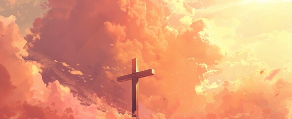 A wooden cross stands against a vividly colored sky with cloud formations, symbolizing faith and spirituality during Holy Week. - obrazy, fototapety, plakaty