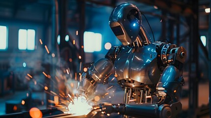 Vintage robot amid welding steel, bright lights shining in the middle of industrial cables. It reflects a background full of technology scattered with various points. - obrazy, fototapety, plakaty