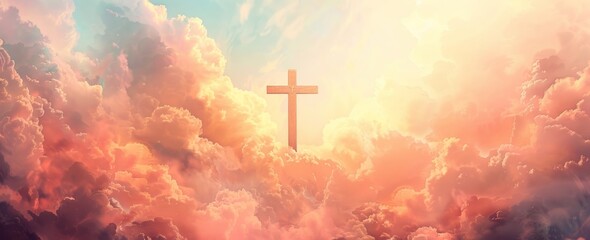 A cross bathed in the ethereal light of the sun, surrounded by a heavenly array of clouds, capturing the essence of Holy Week. - obrazy, fototapety, plakaty