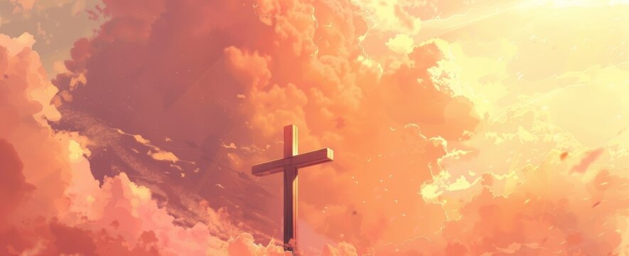 A wooden cross stands against a vividly colored sky with cloud formations, symbolizing faith and spirituality during Holy Week.