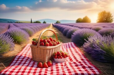 picnic in lavender field - strawberry and a basket with lavender