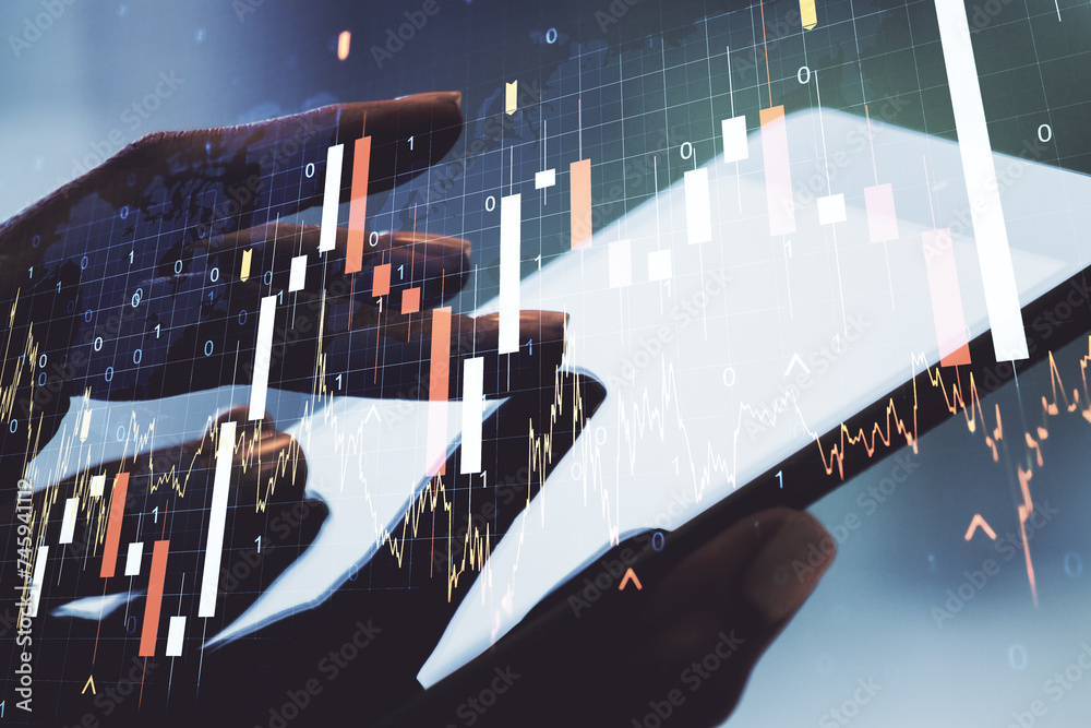 Poster Multi exposure of abstract financial graph with world map and hand working with a digital tablet on background, financial and trading concept
