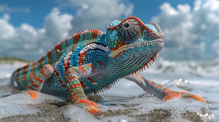 Colorful Chameleon on a tropical beach, clear daylight, with a blurred blue sky and clouds in the background - obrazy, fototapety, plakaty