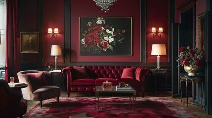 Sophistication of an interior accentuated with deep red colors, where luxurious fabrics and refined accents add a touch of elegance and opulence to the space, creating a sumptuous - obrazy, fototapety, plakaty