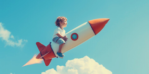 cute little boy is riding a rocket in the sky - 745941182
