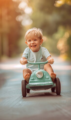 happy cute toddler is driving a pedal car in the park - 745941195