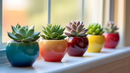 A series of small rainbow-colored ceramic pots