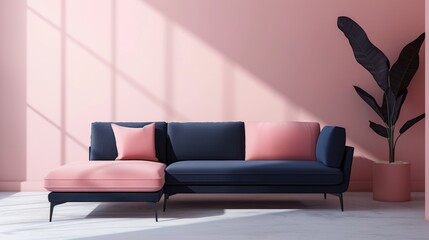 Elegant living room interior with a navy blue and pink sofa with cushions, set against a pink wall with sunlight casting geometric shadows