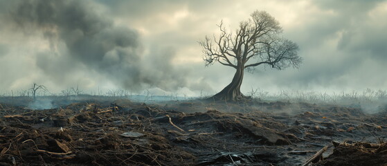Devastated scorched earth in the valley, burnt trees, burnt vegetation and grass. Dead landscape with the remains of large tree, intense atmosphere, burned charred fire