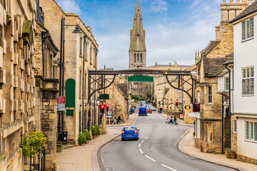 A view down the High Street from Saint Martins Church in the town of Stamford, Lincolnshire, UK in...