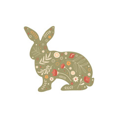 Easter bunny in vintage colors. Illustration with bunny silhouettes, flowers and abstract folk pattern. Vector