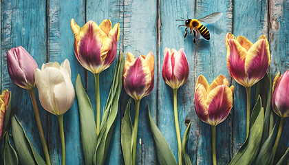 Vibrant multicolored tulips on blue wooden background with hovering bees. - obrazy, fototapety, plakaty