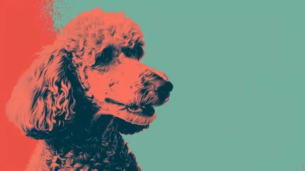 Türaufkleber Pop art style illustration of a poodle with a dual-tone turquoise and coral background for trendy graphic designs and dogs pet-themed projects © Sohaib q