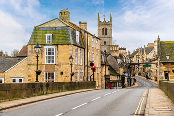 A view down the High Street in the town of Stamford, Lincolnshire, UK in winter