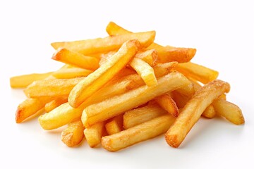 A close-up shot of a scrumptious pile of golden, crispy french fries against a white background, emphasizing texture and color