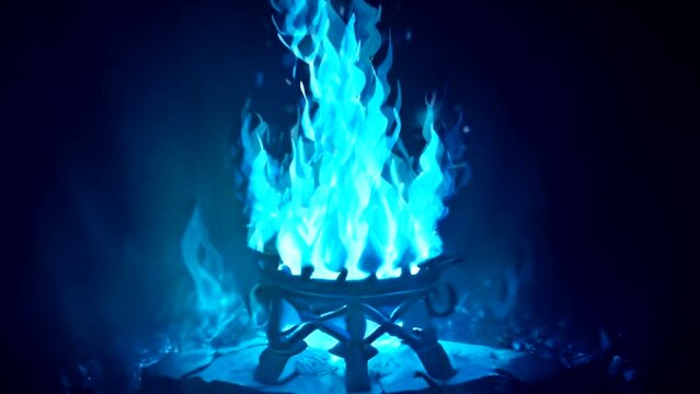 Cozy blue fire burning in a fireplace with slow motion