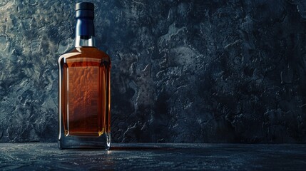 Blank label product of whiskey liquor bottle on dark stone background. AI generated image - obrazy, fototapety, plakaty