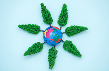 World environment day concept. Layout of planet Earth with green plants. Invest in our planet. Ecology concept. 