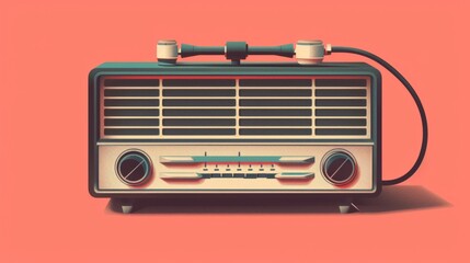 Vintage style radio with dials and speaker grilles on a pink background - obrazy, fototapety, plakaty