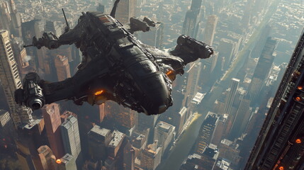 Futuristic flying military vehicle, massive spaceship hovering over New York City, industrial core, railguns, twin ion engines