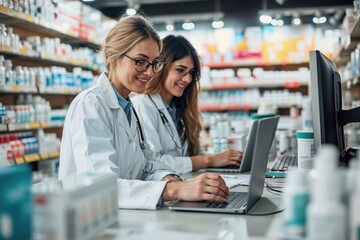 Female pharmacist helping a customer in a pharmacy - obrazy, fototapety, plakaty