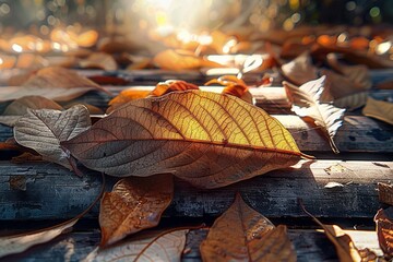 Sun kissed dry leaves in the morning light, natures autumn charm