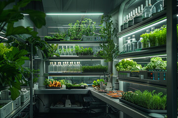Within the confines of a futuristic laboratory, scientists engineer plant-based food at the molecular level, revolutionizing nutrition. Generative ai. - obrazy, fototapety, plakaty