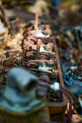Engine of Old cars in wild nature on the Kyrko Mosse Car Cemetery, former junkyard, in the forest,...