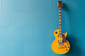 a yellow guitar on a blue wall
